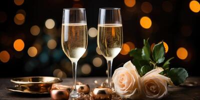 ai genererad festlig bakgrund, blommor och champagne, glasögon av champagne närbild på de tabell, generativ ai foto