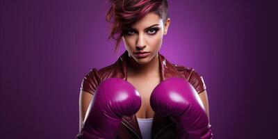 ai genererad kvinna i boxning handskar på en lila bakgrund, stark kvinna. generativ ai foto