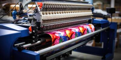 ai genererad digital textil- industri, automatisk broderi maskin i en fabrik. generativ ai foto