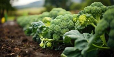 ai genererad organisk färsk broccoli kål närbild på de fält, miljövänlig Produkter. generativ ai foto