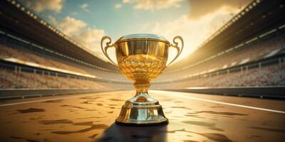 ai genererad guld kopp på de stadion, tema av seger, konkurrens. siffra ett. generativ ai foto