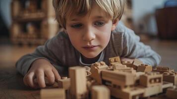 ai genererad en blond pojke är spelar LEGO i de levande rum foto