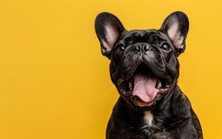franska bulldogg hund den där har öppnad dess mun och pinnar ut dess tunga foto