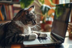 en inhemsk katt sitter på en skrivbord använder sig av en bärbar dator. arbete, social nätverk, underhållning. avlägsen arbete foto