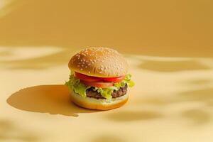 små kött burger på en gul bakgrund med tömma Plats foto