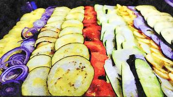 vattenfärg representerar grönsaker skära in i tunn skivor i en panorera och redo till vara bakad. foto