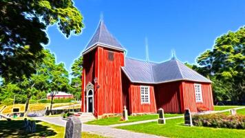 digital målning stil representerar en små kyrka med en små kyrkogård i de scandinavian landsbygden foto