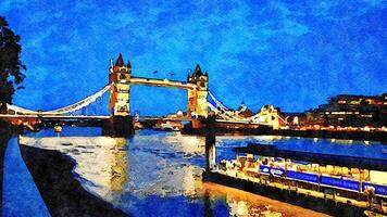en nattlig glimt av de känd London bro i england. digital vattenfärg stil. foto