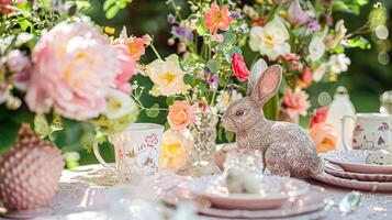 påsk bordsbild dekoration, blommig Semester tabell dekor för familj firande, vår blommor, påsk ägg, påsk kanin och årgång servis, engelsk Land och Hem styling foto