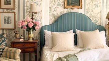 årgång blå stuga sovrum dekor, interiör design och Hem dekor, säng och antik möbel, engelsk Land hus stil foto