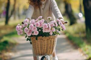 kvinna är ridning cykel med korg av rosa krysant cykel korg med blommor och hatt foto