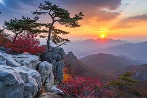 Foto soluppgång av bukhansan berg i seoul stad scape