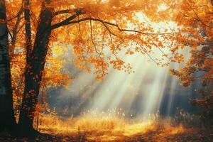 Foto solljus godkänd genom höst träd