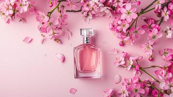 parfym flaska i blommor, doft på blomning bakgrund, blommig doft och kosmetisk produkt foto