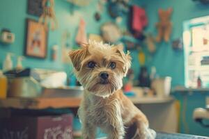 en yorkshire terrier hund få en frisyr från en groomer i en salong. sällskapsdjur på grooming foto