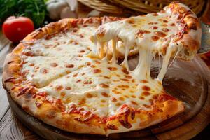en skiva av varm italiensk pizza med stretching ost. pizza margherita med mozzarella ost, tomat klistra på en bakgrund med Ingredienser foto