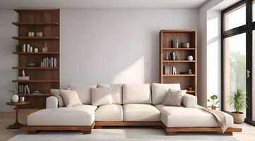 vit minimal levande rum design. vit Färg vägg , vit tak, vit minimal soffa mot vit trä- bokhylla, vit interiör lättade .modern levande rum. foto