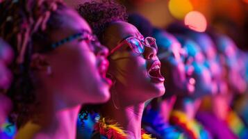 en kör av lgbtq sångare utför upplyftande låtar på en stolthet konsert, stolthet månad tema foto