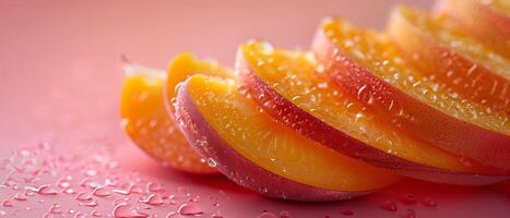 skivad av persika med droppar på rosa orange bakgrund för tapet eller baner, reklam fotografi foto