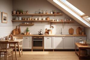 modern kök interiör med trä- möbel k professionell reklam fotografi foto