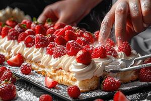en kock gör utsökt desserter professionell reklam mat fotografi foto
