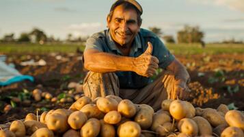 en modern jordbrukare i en fält av potatisar, håller på med en tummen upp. genererad förbi artificiell intelligens. foto