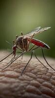 stänga upp se av en mygga på mänsklig hud som visar de insekter lång snabel infogad in i de hud till utfodra på blod foto