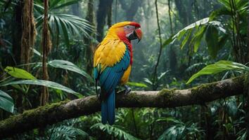 närbild skott av en färgrik papegoja i de tropisk djungel foto