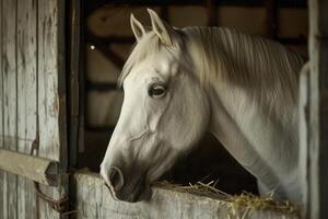 närbild av en vit häst inuti hans stabil foto