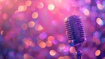 mikrofon på skede med lila glitter ljus. retro mikrofon för Tal sång karaoke fest foto