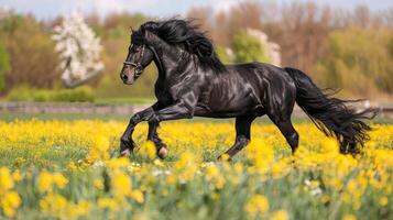 galopperande svart häst i en fält av gul blommor foto