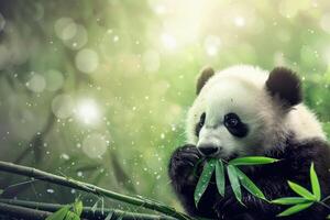 panda tugga bambu i bambu skog på suddig bakgrund foto