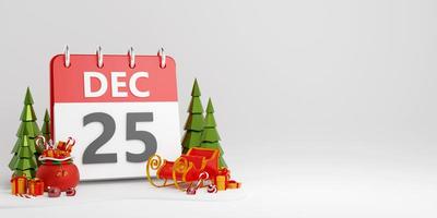 jul banner av kalender juldag med dekoration, 3d illustration foto