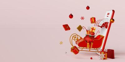 banner för julhandel online på smartphone-koncept, släde dyker upp från smartphone med presentförpackning, 3d-illustration foto