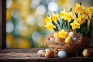 påsk Semester firande baner hälsning kort baner med påsk ägg i en fågel bo korg och gul påskliljor blommor på tabell foto