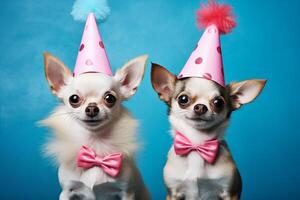 firande, Lycklig födelsedag, sylvester ny år eve fest, rolig djur- hälsning kort - söt liten chihuahuas hund sällskapsdjur med rosa fest hatt och rosett slips på blå vägg bakgrund textur foto