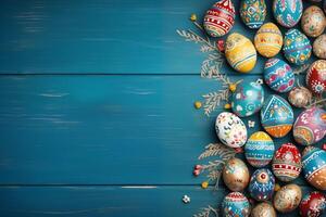 påsk Semester firande baner hälsning kort baner - ram tillverkad av målad påsk ägg på blå trä- tabell textur, topp se, platt lägga foto