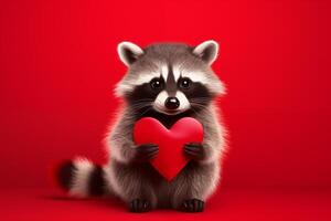 Lycklig hjärtans dag, valentines dag, kärlek, firande begrepp hälsning kort med text - söt racoon innehav en röd hjärta , isolerat på röd bakgrund foto