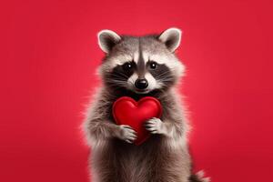 Lycklig hjärtans dag, valentines dag, kärlek, firande begrepp hälsning kort med text - söt racoon innehav en röd hjärta , isolerat på röd bakgrund foto