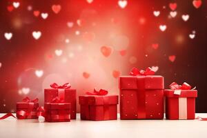 Lycklig hjärtans dag valentine kärlek eller födelsedag firande Semester bakgrund baner illustration hälsning kort - röd gåva lådor och hjärtan på tabell foto