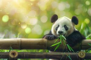 panda tugga bambu i bambu skog på suddig bakgrund foto