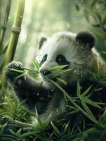 panda tugga bambu i bambu skog på suddig bakgrund foto