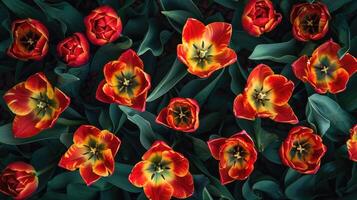 topp se av skön blomning röd och gul tulpaner, symboliserar vår och naturlig skönhet foto