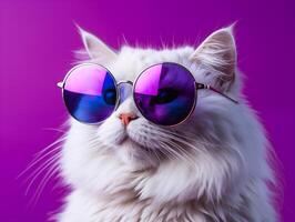 porträtt av en vit fluffig katt bär runda solglasögon. lyxig inhemsk pott i glasögon poser på rosa bakgrund vägg foto