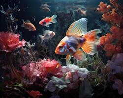 fisk i sötvatten akvarium med skön planterade tropisk. färgrik tillbaka. ai. . foto