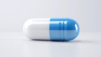 blå och vit kapsel piller på grå, farmaceutisk design, sjukvård bilder, idealisk för medicinsk reklam foto