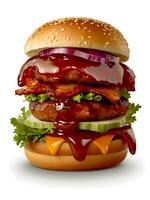 en stor hamburgare med ketchup på topp av den isolerat på vit bakgrund foto
