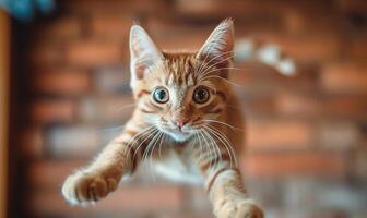 randig röd kattunge hoppar och utseende på kamera mot bakgrund av tegel vägg i studio eller rum. foto