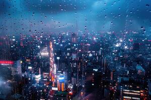 regn droppar på fönster med stadsbild på natt foto