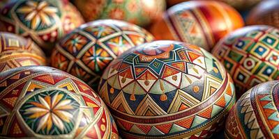 närbild mycket av vackert målad påsk ägg, skön traditionell mönster påsk ägg foto